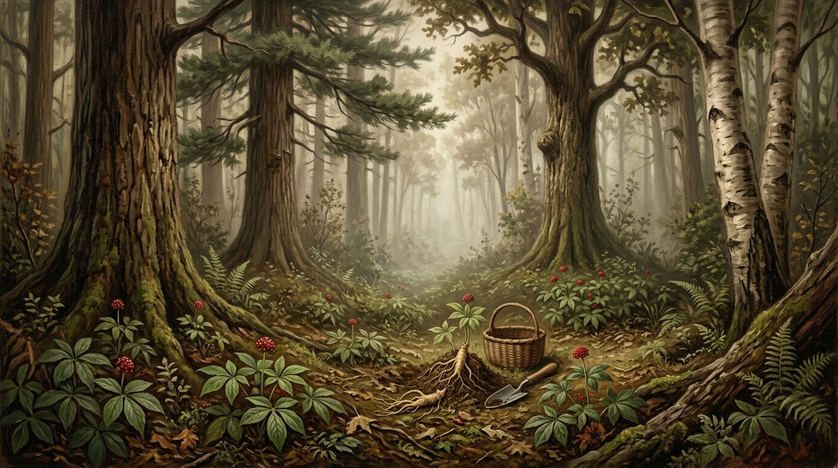 Old-growth forest scene with a harvested American ginseng root, basket, and digging tool on the forest floor