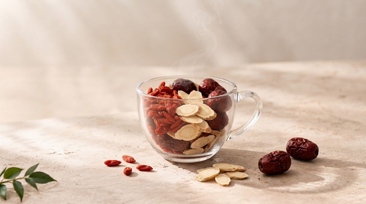 A clear glass cup filled with sliced almonds and red goji berries, set on a light beige surface with a few loose ingredients scattered around. Steam rises from the cup against a soft, warm neutral background.